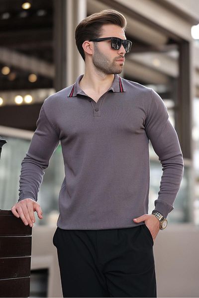 Madmext Gray Polo Collar Buttoned Long Sleeve Sweater 7269