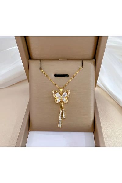 stainless steell Vip Butterfly Tassel Long Sparkling Cubic Zirconia Necklace