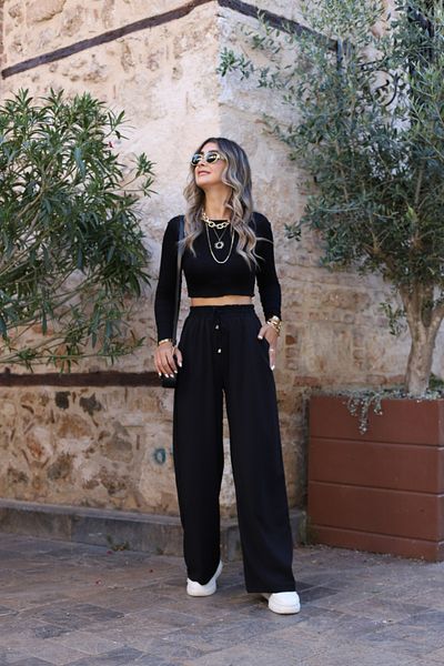 bytugcekaya Palazzo Fabric Black Elastic Waist Bottom