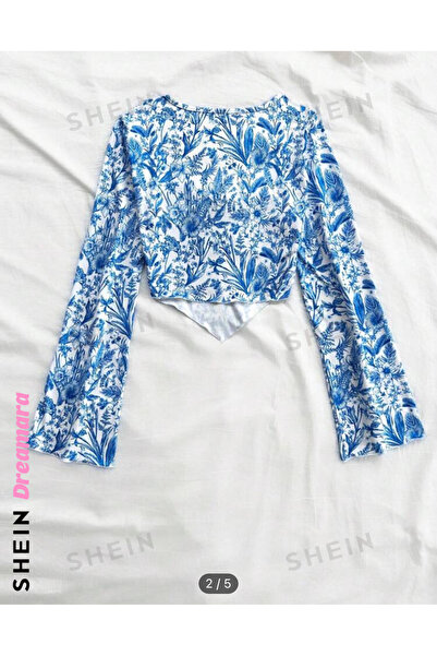 Shein Boutique Günlük V Yaka Çiçekli Shein Crop Bluz