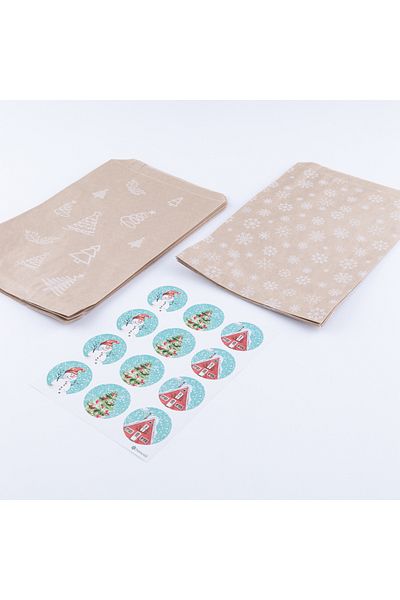 Bimotif 20 pcs Pine and Snow Patterned Paper Bags - Christmas Shaped Sticker Set (18x30 cm)