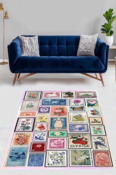 uygun dekor Retro Pul Desen  Yıkanabilir Kaymaz Taban Leke Tutmaz Salon Halısı