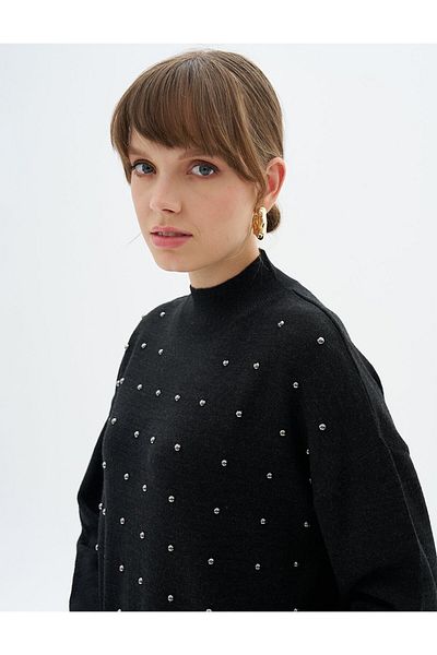 Kayra Black Knitwear Tunic - Half Turtleneck, Bead Embroidered