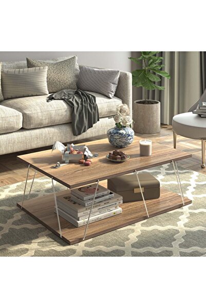 Home Canvas Made In Turkey Tars Modern Coffee Table for Living Room, Easy Assembly - Walnut and Chrome