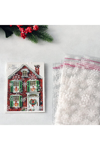 Bimotif Kar Desenli Bantlı Şeffaf Poşet 10x20 Cm (25 ADET)
