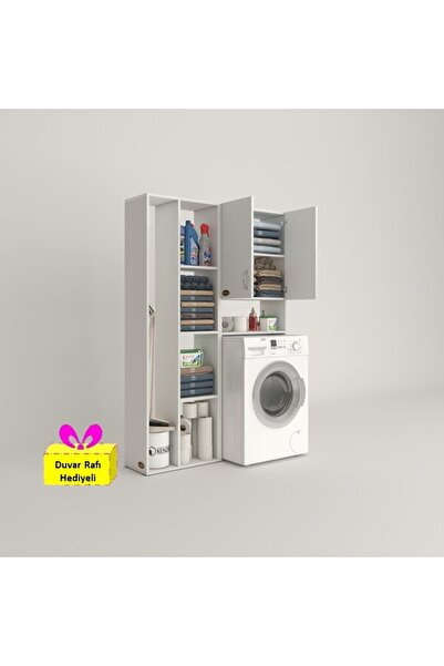 Kenzlife Çamaşır Makinesi Dolabı Sinemmega Byz 180*156*30 Banyo Arkalıklı + Tekli Duvar Rafı Hediyeli