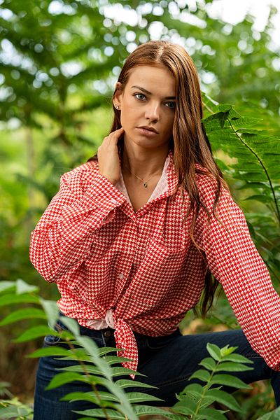 VerdeBlanco Red Relax Shirt - Long Sleeve, Digital Printed Houndstooth Pattern
