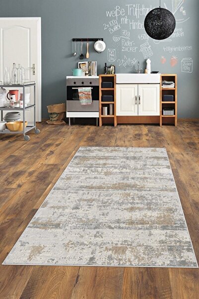 Pelangi Krem Abstract Desen Yıkanabilir Kaymaz Taban Leke Tutmaz Modern Salon...
