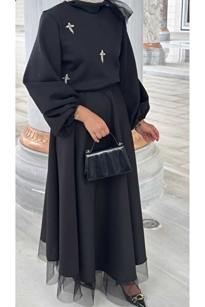 Uçan Fil Black Evening Dress Top and Bottom Hijab Set