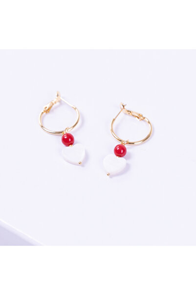 Bimotif Sedef kalp ve kırmızı jade boncuklu altın kaplama halka küpe
