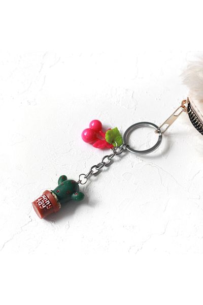 Bimotif Cactus Keychain with Pink Fruits and Coffee Pot, Red Spots