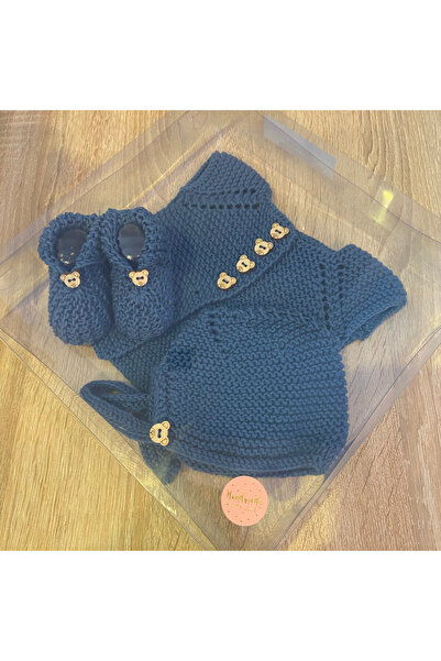 Lika Bambu UNİSEX El Yapımı Örgü  Bebek Yelek Şapka Patik Hediyelik Takım Gece Mavisi 0-3 Ay