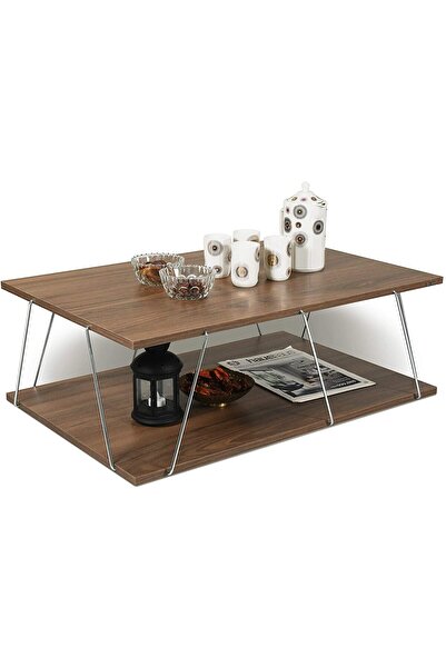 Home Canvas Made In Turkey Tars Modern Coffee Table for Living Room, Easy Assembly - Walnut and Chrome