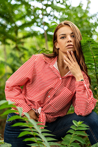 VerdeBlanco Kaz Ayağı Deseni Dijital Baskı Uzun Kollu Relax Gömlek Kırmızı