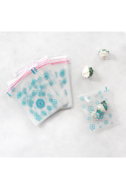 Bimotif Mavi Çiçek Desenli Bantlı Şeffaf Poşet 10x15 Cm (100 ADET)