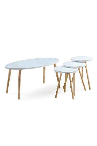 Home Canvas Elips Made In Turkey Modern Coffee Table And Nest Of Three Table Set Wood Legs - White