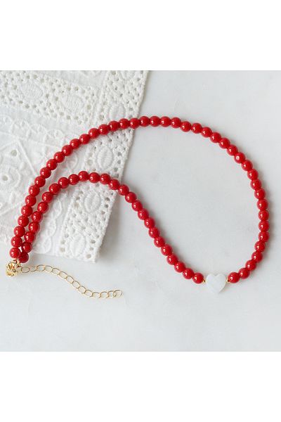 Bimotif Red Jade Bead Necklace with Side Pearl Heart