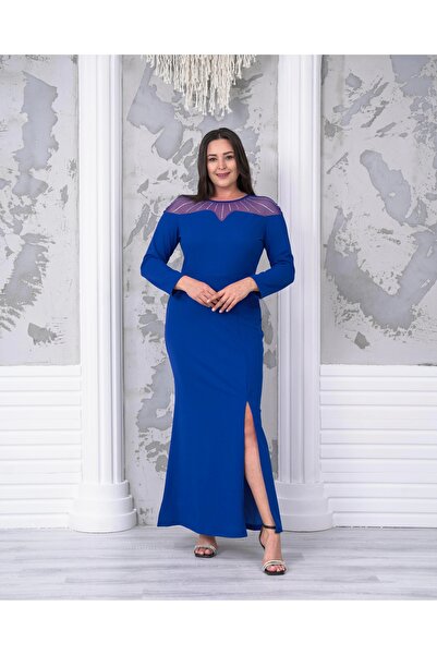 ModaSehle فستان سهرة كبير الحجم من التول ذو فتحة وأكمام طويلة بطول كامل