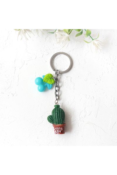 Bimotif Cactus Keychain with Blue Fruit and Coffee Pot, Sunny Day