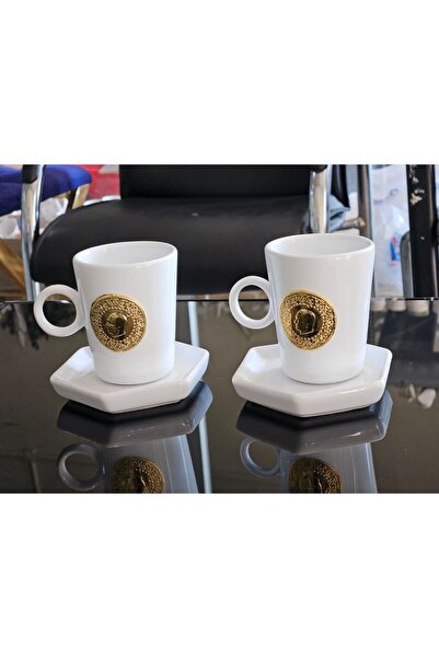 MeGgDecor 2'Lİ 4 Parça Altınlı Beyaz Fincan Seti
