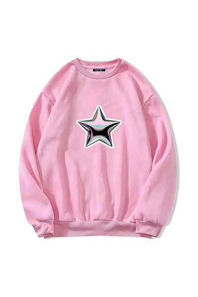 SOFTWAY ΡΟΖ Unisex Oversize Crew Neck Shining Metallic Star εμπριμέ φούτερ