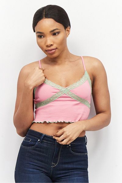 Sinsay Women V-Neck Sleeveless Textured Crop Tops, Pink/Green