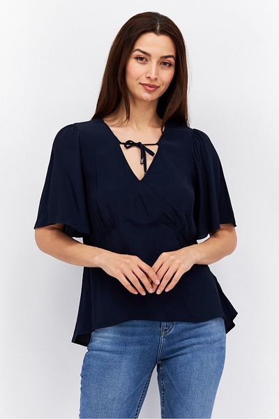 Esprit Women V Neck Short Sleeve Plain Shirt, Navy Blue