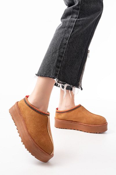 serkanseyyid Ndr-2888 Tan Suede Fur Lined Winter Closed Toe Women's Casual Slippers
