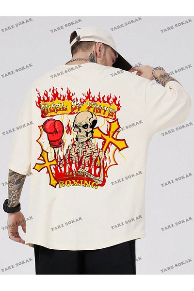 Advantage Ανδρικό μπλουζάκι Grunge Punk Skull και Beige Fire με στάμπα