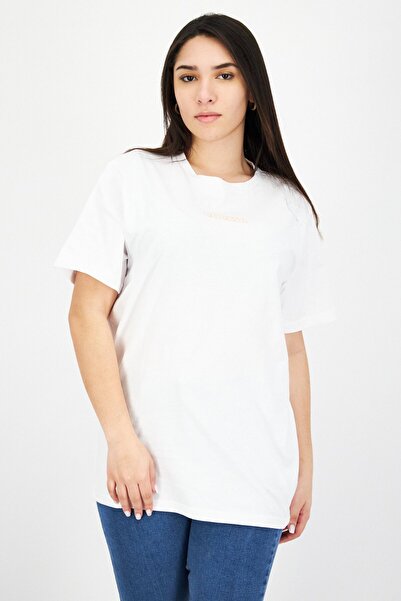 Ellesse تي شيرت نسائي كبير الحجم بأكمام قصيرة ورقبة دائرية، أبيض