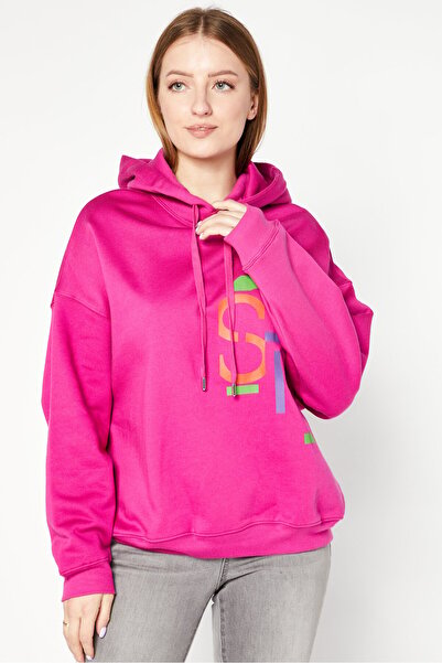 Esprit سويت شيرت نسائي بغطاء للرأس وأكمام طويلة ومطبوع برسومات جرافيكية، أرجواني