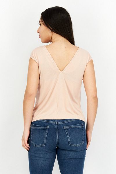 NA-KD Women Round Neck Cap Sleeves Plain Top, Light Pink