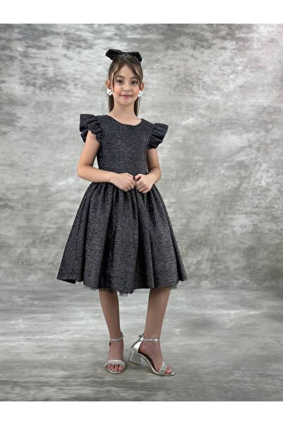 defada Kız Çocuk Arkası Papyonlu Tokalı Zarif Pırıltılı Tüllü Elbise Abiye Doğum Günü Elbisesi