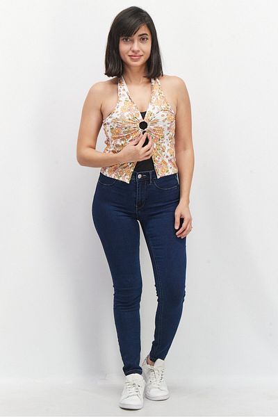 Don't Call Me Jennyfer Women Halter Neck Sleeveless Floral Top, White Combo