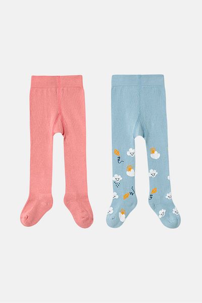Tchibo Kids Girl 2 Pieces Solid And Printed Tights, Light Blue