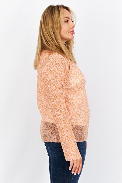 Esprit Women Round Neck Long Sleeve Floral Pattern Blouse, Orange Combo