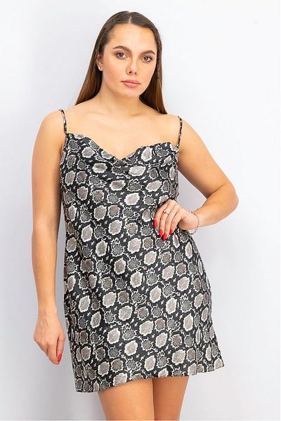 Miss Selfridge Women Petite Snake Print Sleeveless Cowl Neck Mini Dress, Gray And Back