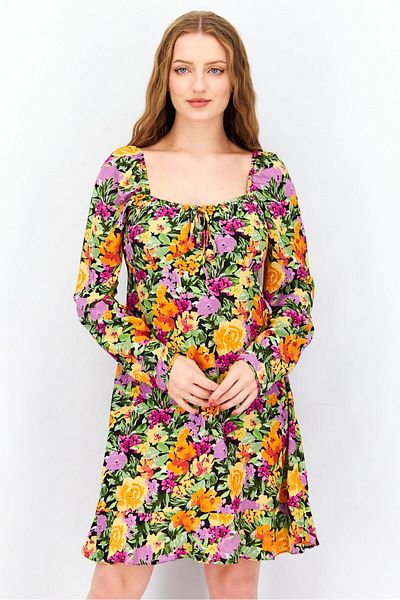 NA-KD Women Floral Print Mini Dress, Orange Combo