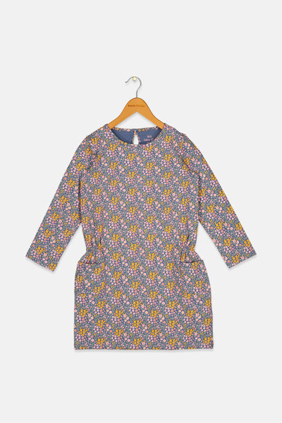 Tchibo فستان بناتي بأكمام طويلة بطبعة زهور، أزرق داكن
