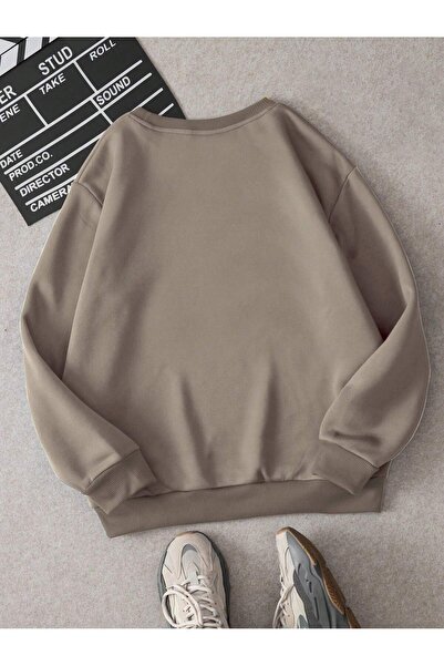 Deocept Γυναικείο φούτερ σε μπεζ αρκουδάκι με στάμπα με λαιμόκοψη