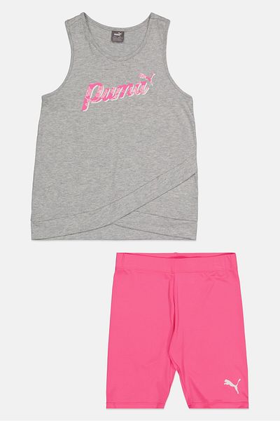 Puma طقم ملابس رياضية للبنات مكون من قطعتين، مكون من توب وشورت، رمادي/وردي
