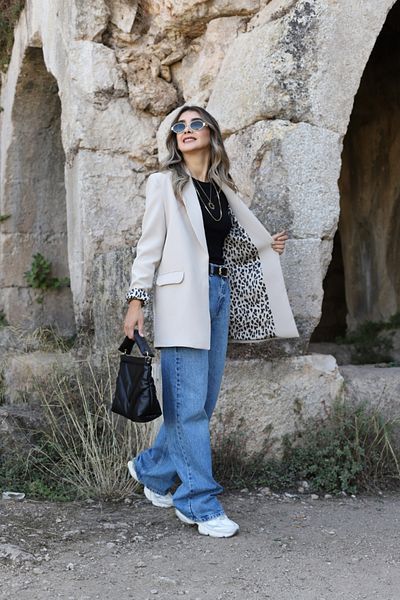 bytugcekaya Leopard Patterned Stone Color Blazer - Shawl Collar Lined