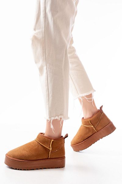 serkanseyyid Ndr-2850 Tan Suede Fur Lined Winter Closed Toe Women's Casual Slippers