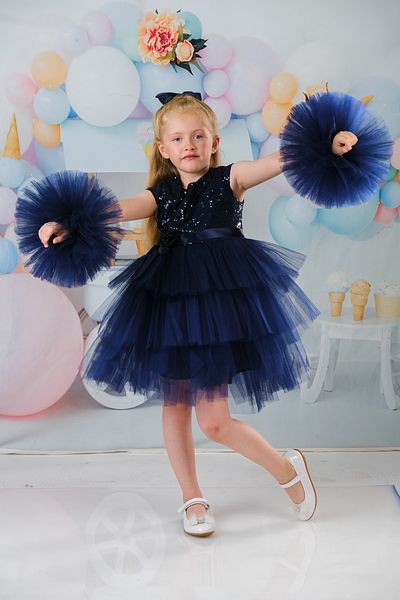Delfini kids Rochie de petrecere și de zi de naștere cu mânecă pompon din tul cu cataramă și paiete