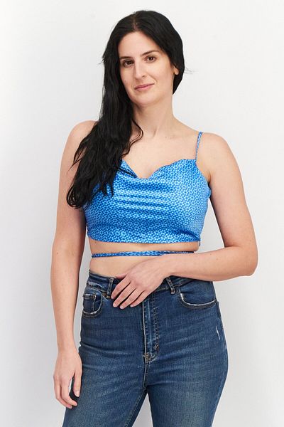 Don't Call Me Jennyfer Women Cowl Neck Sleeveless Allover Print Crop Top, Blue