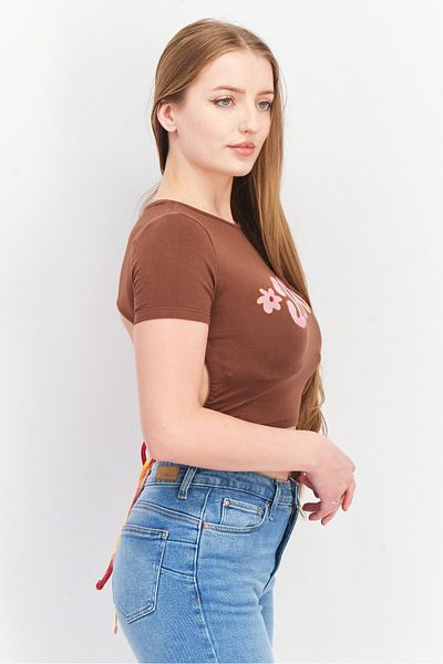 Don't Call Me Jennyfer Women Round Neck Short Sleeves Textured Crop Top, Brown