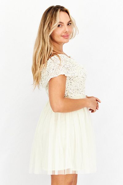 Maya Deluxe Women Sequins Off Shoulder Mini Party Dress, Beige