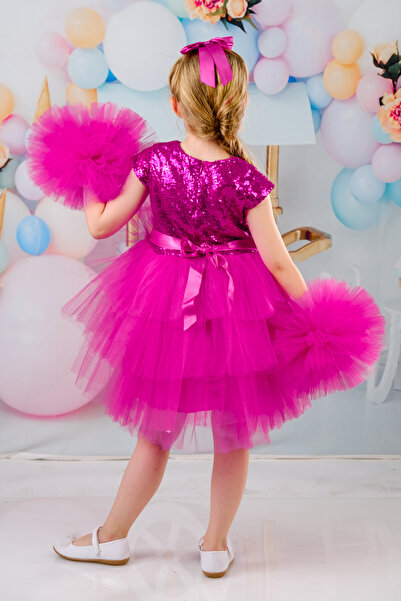 Delfini kids Tokalı Ponpon Kollu Pul Payet Tüllü Parti Ve Doğum Günü Elbisesi