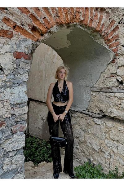 FİOXCO Dutzi Sequin Design Vest Trousers Black Double Set