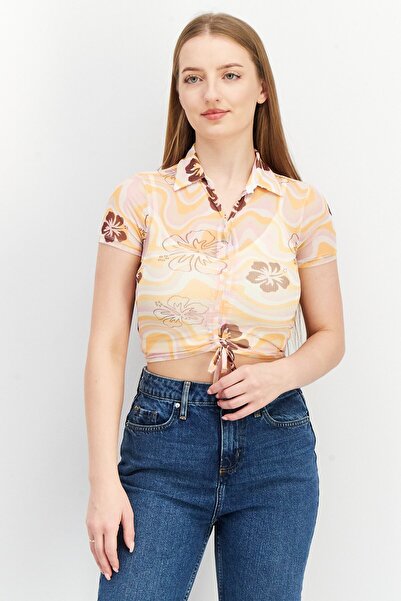 Don't Call Me Jennyfer Women Spread Collar Short Sleeve Textured Crop Top, Pi...